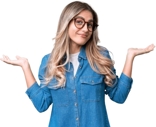 Woman with glasses in a denim shirt shrugging with palms up, smiling slightly (casual pose).]